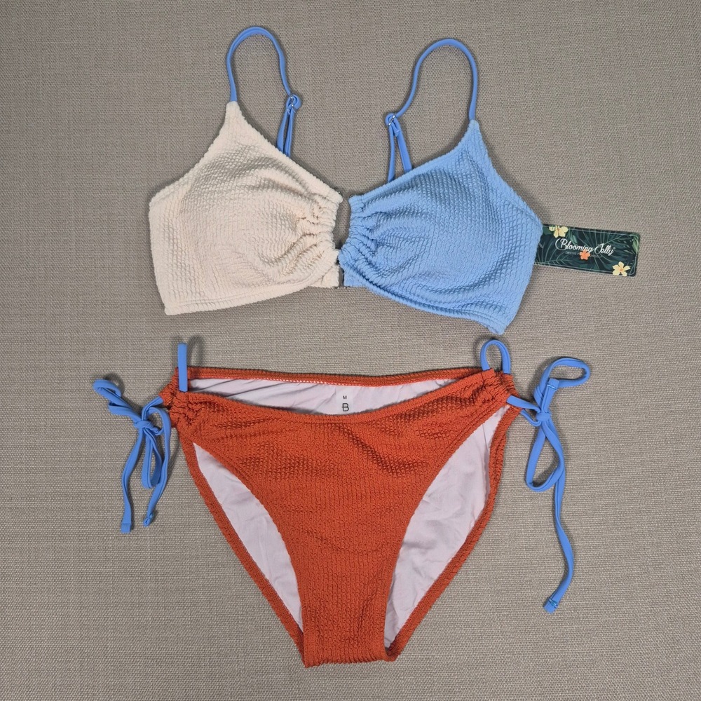 Blooming Jelly Women Colorblock Smocked Bikini Set Blue Orange Cream Size M NWT
